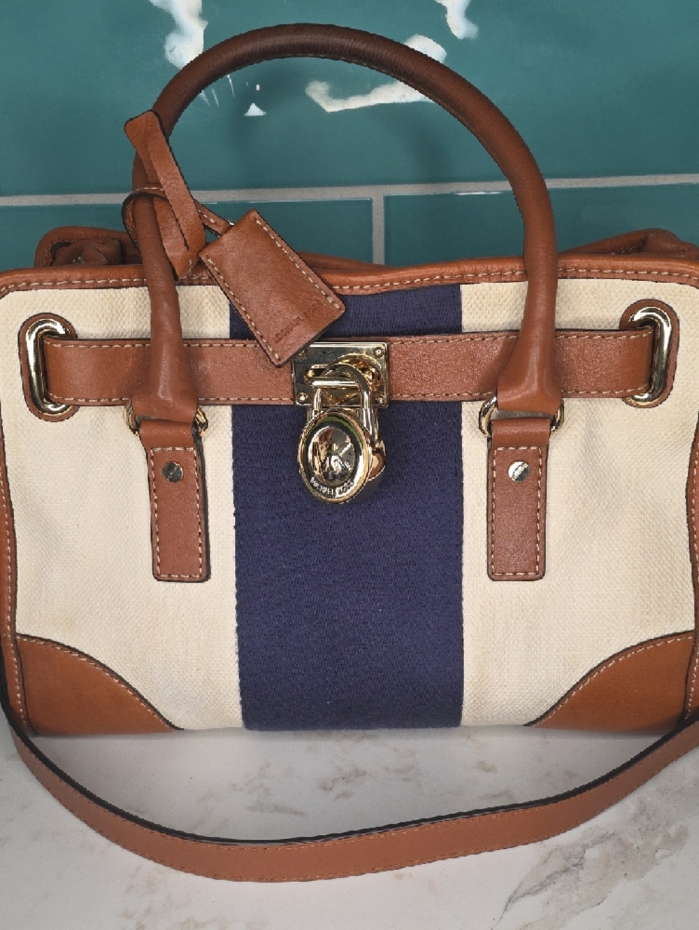 Michael Kors Hamilton MonoNavy and Tan Stripe Canvas Tote with Gold Hardware - Picture 2 of 14